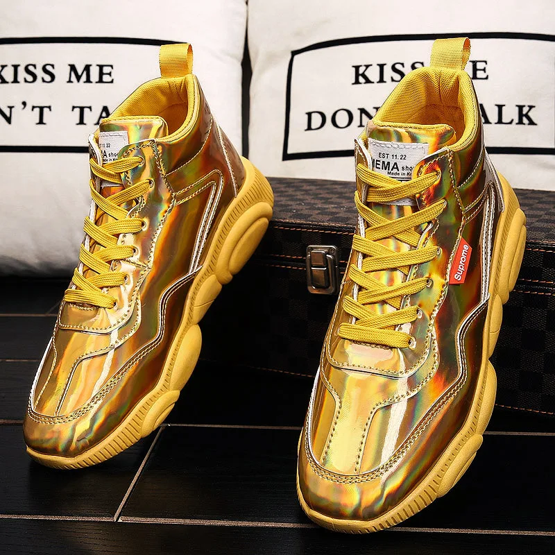 YEINSHAARS Gold Silver Black Leather Casual Shoes Fashion Men Bling High Top Lace Up Sneakers Outdoor Male Footwear
