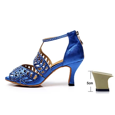 Женская танцевальная обувь для сальсы, бальных танцев; цвет синий, черный, розовый, красный; женская обувь для бальных танцев со стразами; обувь для девочек; обувь для танго EU33-43 - Цвет: blue-5cm