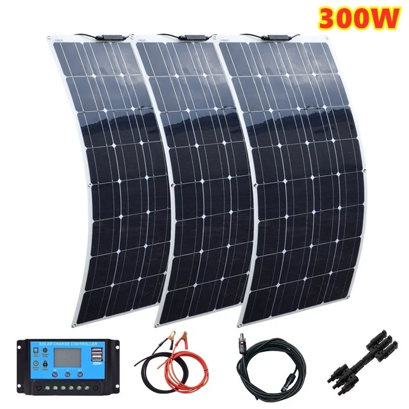 

New 3x 100W 300W Monocrystalline Solar Panel Flexible for Camping & RV & Boat & Home Solar Accessories Optional