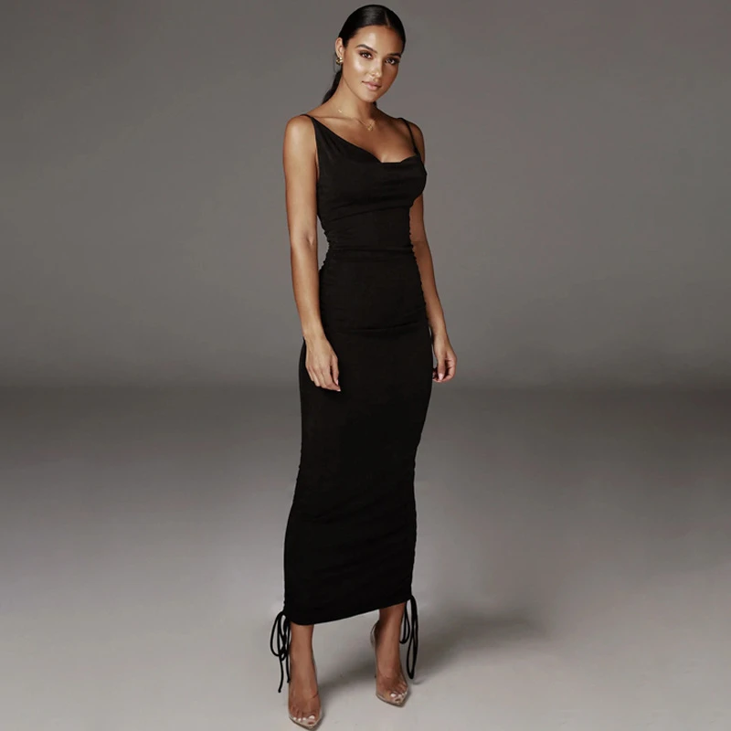 

Womens Summer Sexy Suspender Dress Fashion Solid Color V-neck Backless Drawstring Mid-length Dress