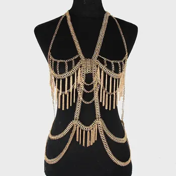 

European Design Strap Necklace Statement Bra Body Chain Gold ALloy Tassel Fringe Summer Beach Party Dance Night Cluib Bra Chain