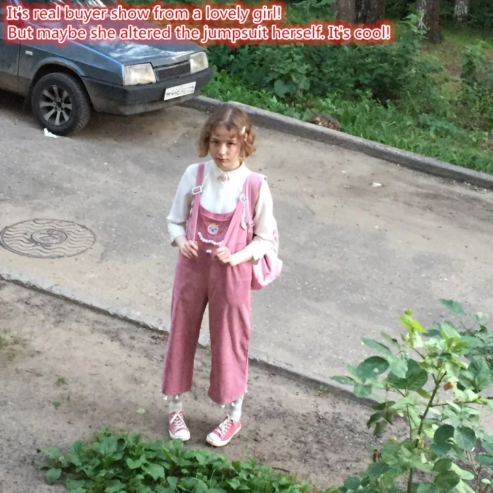 Japan Style Soft Girl Kawaii Lolita Wide Leg Jumpsuit Ankle Length Casual Loose Cartoon Embroidery Corduroy Suspenders Overalls