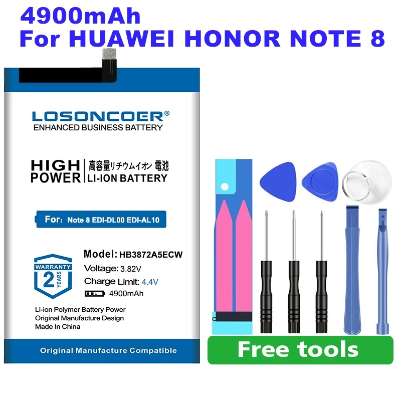 

0 Cycle 100% New LOSONCOER 4900mAh HB3872A5ECW Battery For Huawei Honor Note 8 Note8 EDI-DL00 EDI-AL10 Free tools