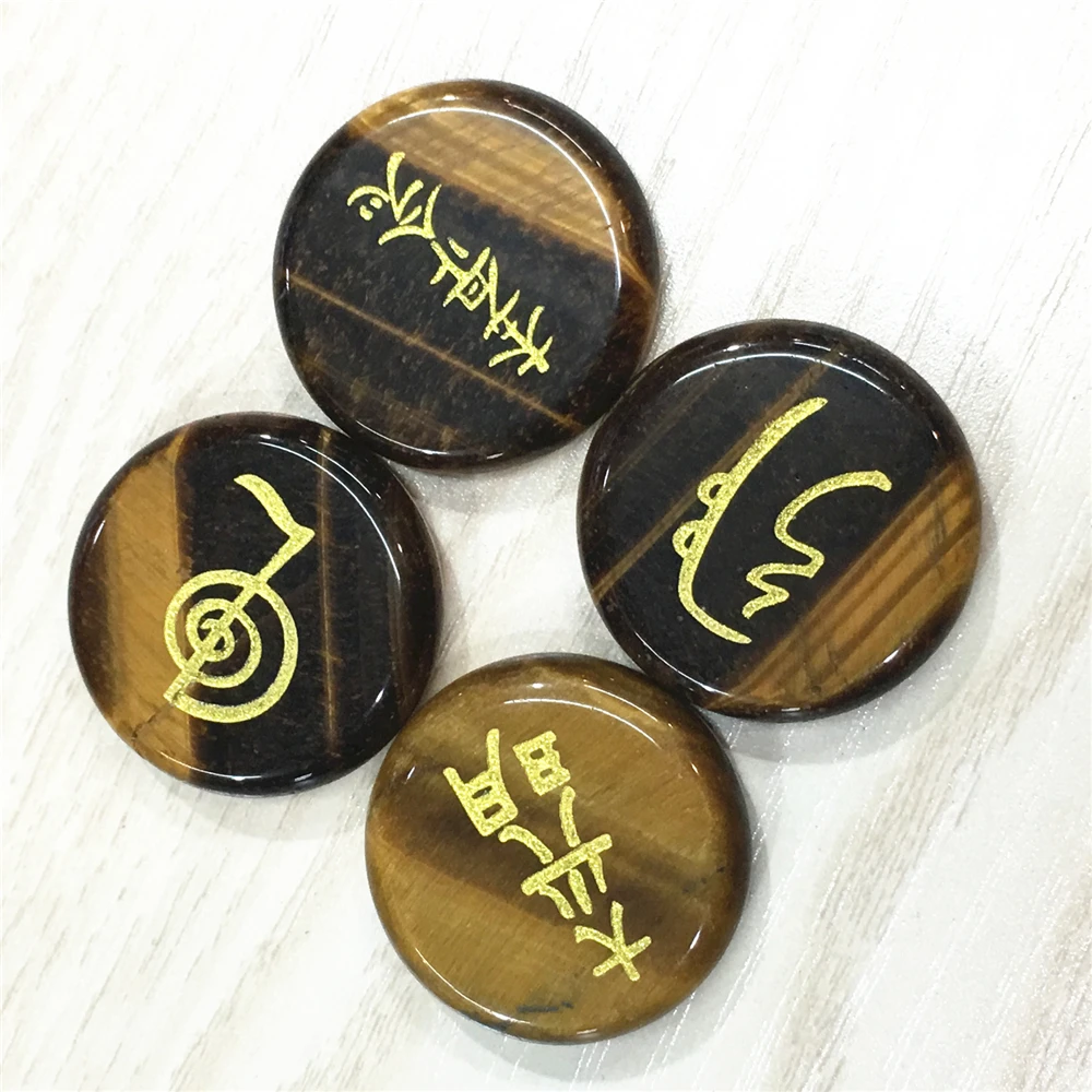 Tiger Eye 25x25 мм натуральные камни гравированные Usui рейки балансировка символов Чакра Исцеление пальмовые розы кварц черный Агаты Лазурит кристалл - Окраска металла: Tiger Eye