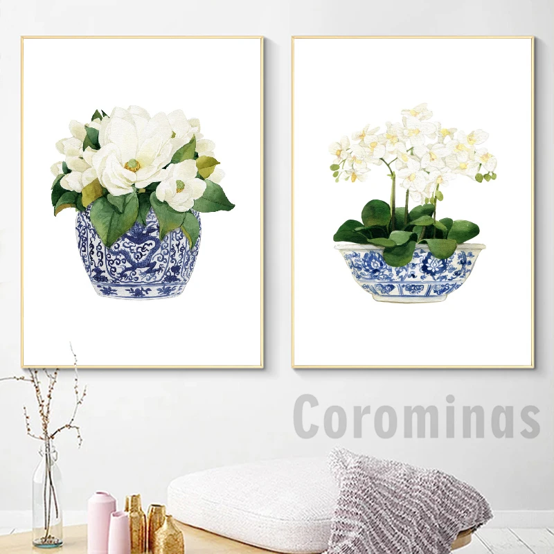 

White Orchid & Magnolia Watercolor Chinoiserie Decor Canvas Print Oriental Vase Blue White Willow Style Porcelain Flower Jar