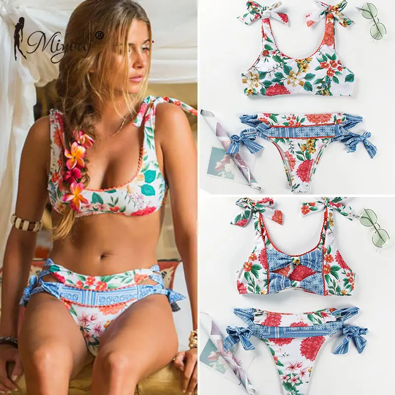 Miyouj Deep V Neck Bikini Floral Print Swimsuit Biquinis Feminino NEW Bow Swimwear Lace Up Bikini Set Bathing Suit Women Bikins blue bikini set