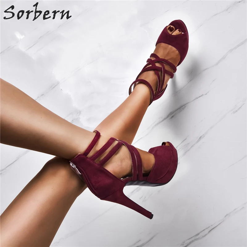 Sorbern/винно-красная Летняя обувь на платформе и высоком каблуке; босоножки на шпильке с молнией сзади; дизайнерские Босоножки на каблуке с открытым носком; цвета на заказ