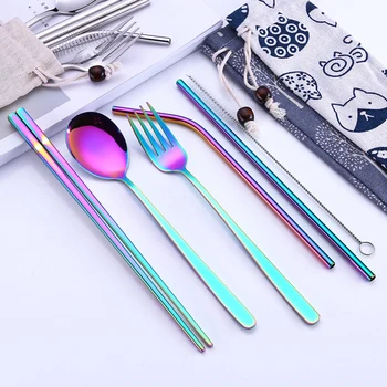 

New Portable Tableware Healthy Stainless Steel Flatware Set Travel Utensils With Straws For Camping Office School Lunch