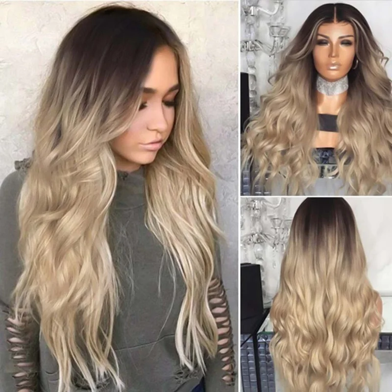 Long Ombre Brown Wavy Wig Blonde Cosplay Synthetic Wigs For Women Glueless Hair High Density Temperature Black Gray