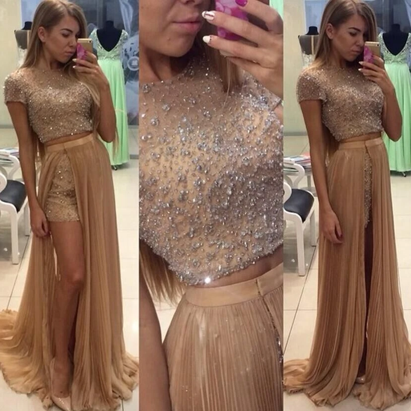 

2 Two Piece Prom Dresses with short Sleeve Fast Shipping Beaded Crystal Graduation Evening gown vestido largo Mother Bride Dress