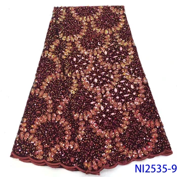 

High Quality Burgundy African Lace Fabric Sequins French Tulle Lace Fabric 2019 Latest Arrival Hot Sale 5 Yards For Dress