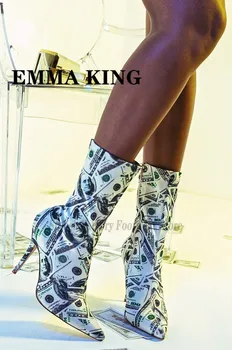 

2020 New Dollars Printed Pattern Transparent PVC Pointed Toe Ankle High Heels Stilettos Women Spring Autumn Women Boots