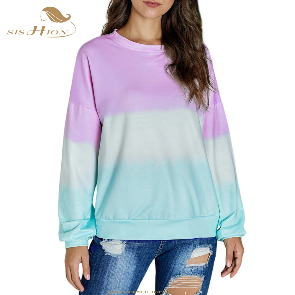 Light Purple SISHION Женская Весенняя Осенняя Модная Повседневная Толстовка с длинным рукавом градиентного цвета размера плюс свободная толстовка с круглым вырезом QY0766 - Цвет: Light Purple