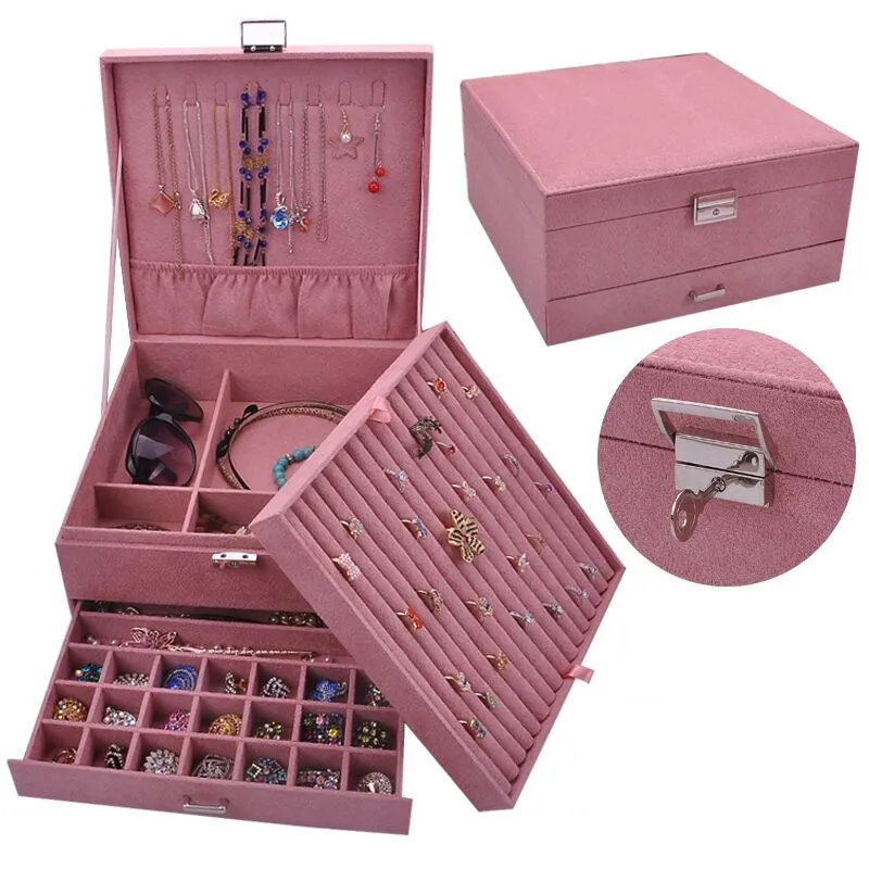 dark pink Цвет 3 слоя большое пространство бархат коробка ювелирных изделий Горячая - Цвет: dark pink