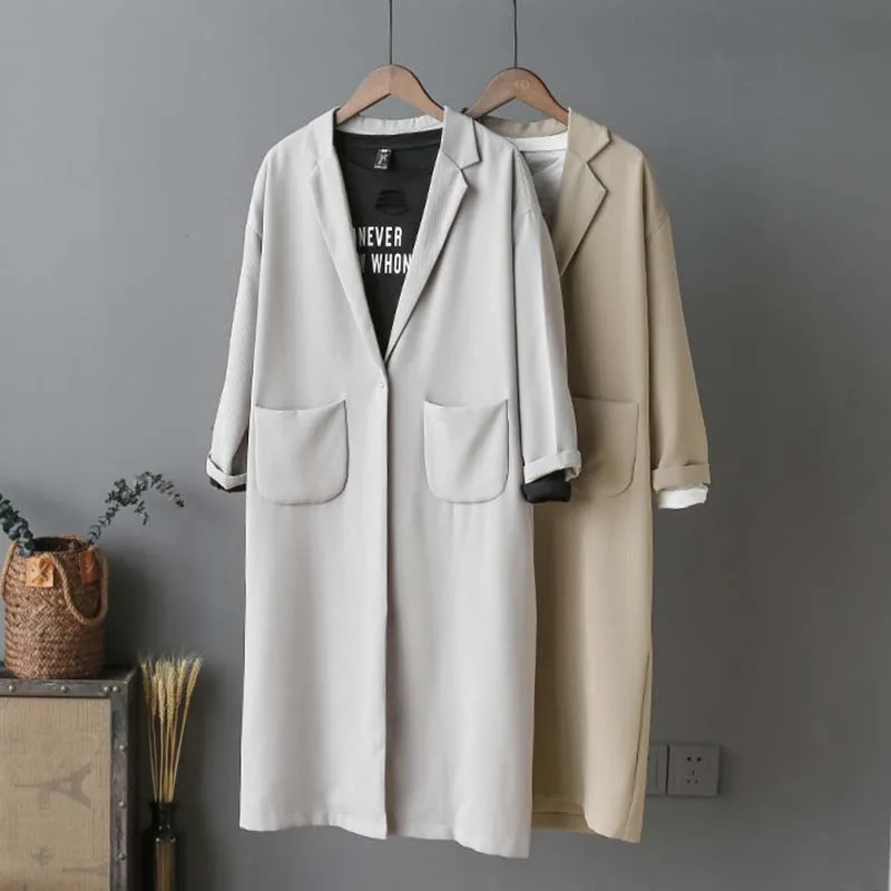 Серый spring Autumn New Plus Size Fashion Women Loose Casual Harajuku Vintage Long section Windbreaker Female coat - Цвет: Серый