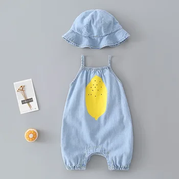 

2020 New Summer Newborn Clothes Blue Soft Denim Baby Boys Rompers with Hat Lemon Print Sleveless Infant Girls Jumpsuit One-piece