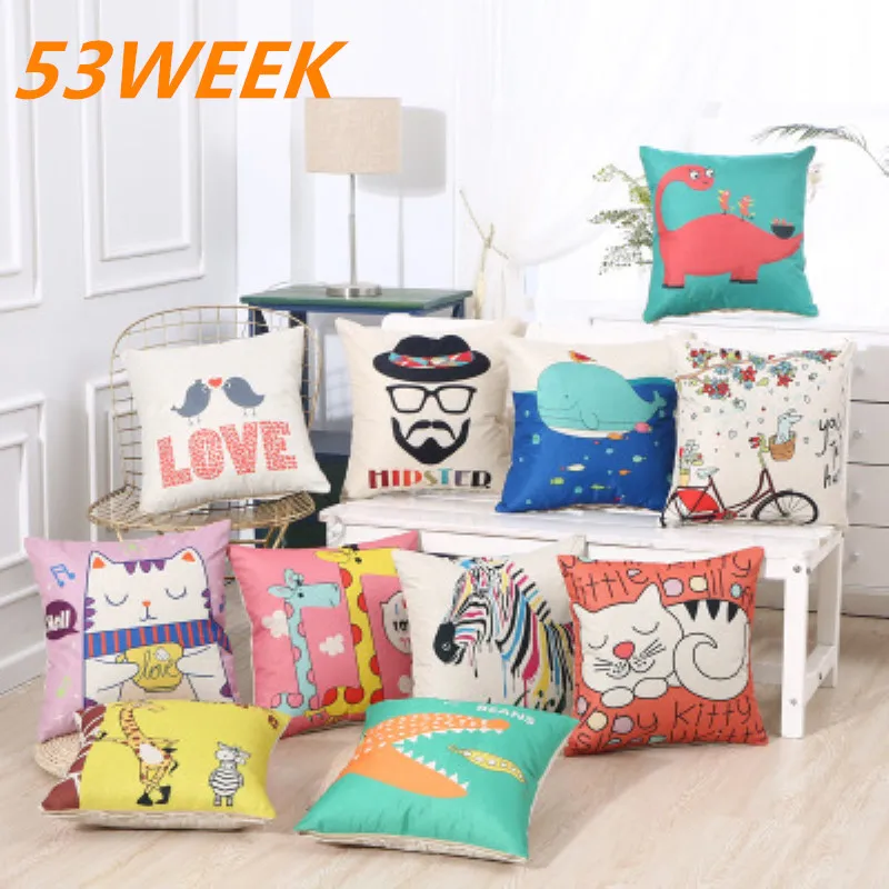 53-недельная Новая Домашняя мультяшная Подушка льняная с принтом наволочка 45x45 см