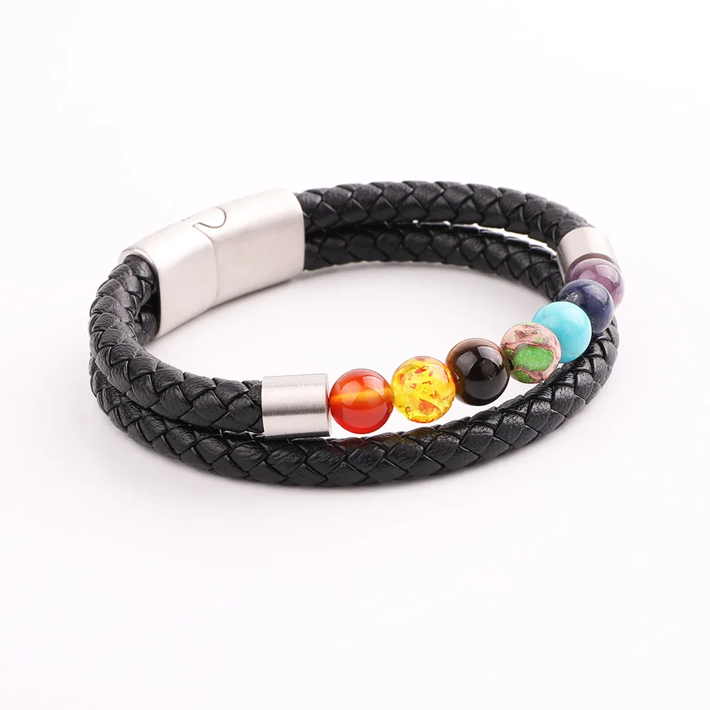 JARAVVI New Design Stainless Steel Magnet Clasp Natural 7 Chakra Energy Stone Genuine Leather Bracelet Men - Image 4