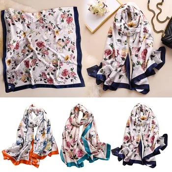 

Woman Silk Scarf Luxury Long Scarves Large Shawl Floral Artificial Silk Scarf Female Beach Towel IK88