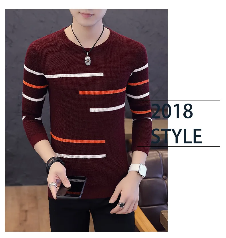 MoneRffi Autumn Fashion Casual Men's Slim New Sweater O-Neck Striped Slim Fit Knittwear Mens Sweaters Pullovers Men Pull Homme