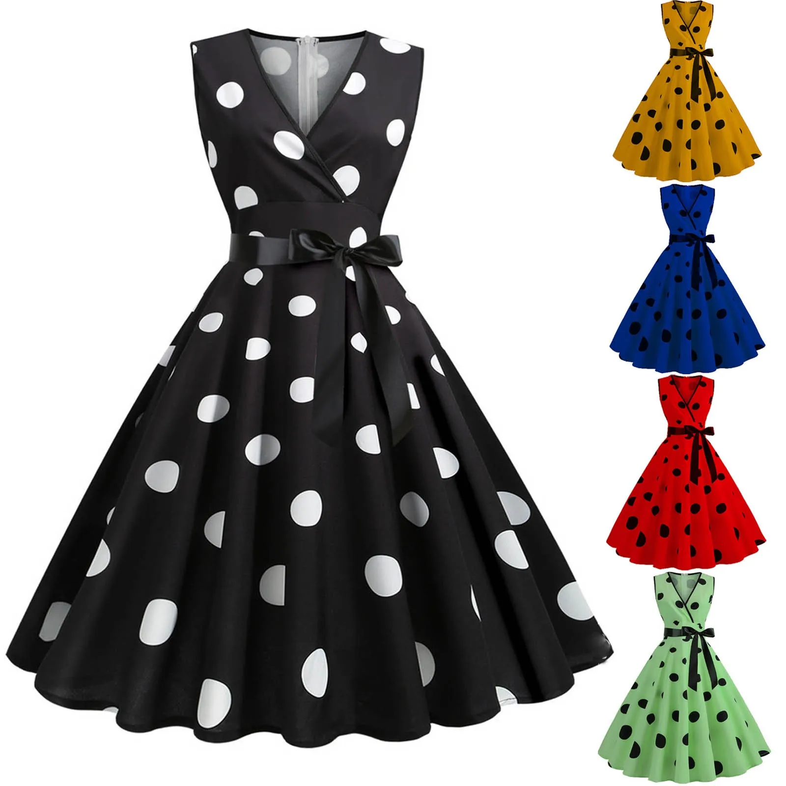 2021 Women's Dress Dot Printed Retro Rockabilly With Cap Sleeveless V-neck Hepburn-Style Cocktail Dress Vintage vestido mujer 1