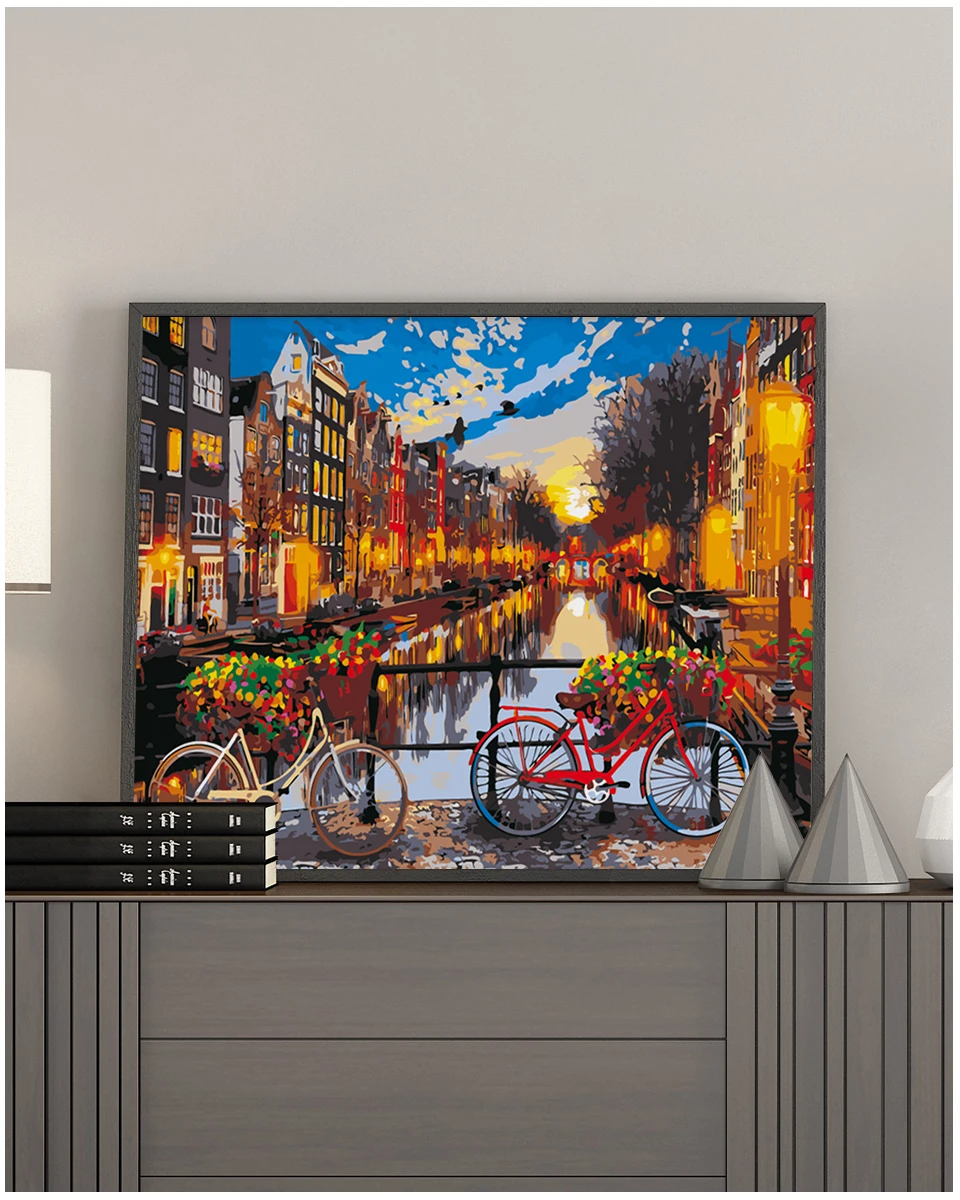 Ночной город DIY картина по номерам абстрактный мост велосипеды картина маслом на холсте Куадрос Decoracion акриловая настенная живопись Домашний декор