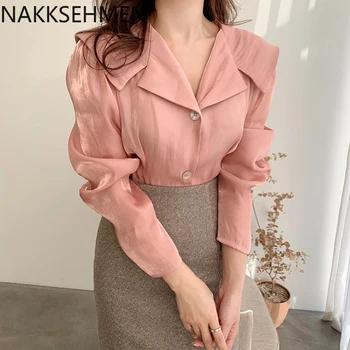 

2020 new elegant style lapel, three button loose, all-round, glossy and slightly transparent Long Sleeve Shirt Top