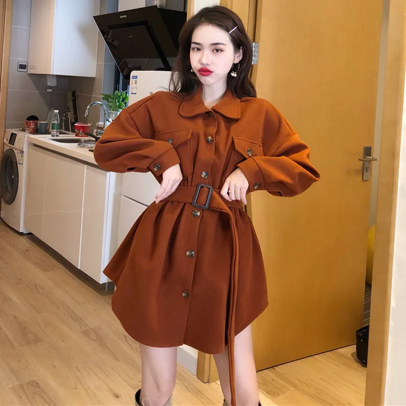 Autumn And Winter New Style Korean-style Elegant Waist Hugging Slimming Short-height Mid-length Lantern Sleeve Woolen Jacke