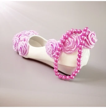 

Luxury designer woman rose flower girls party dinner proms dress pumps shoes 3cm low wedges heel girl's dancing pumps shoes