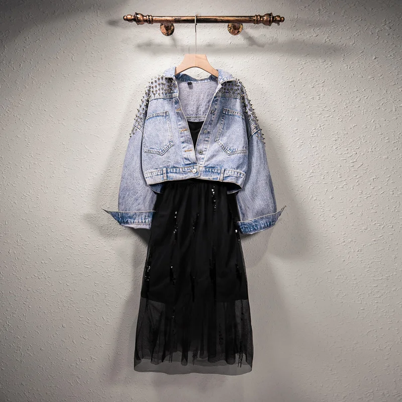 ^*Best Offers Herfst 2019 Big Size Vrouwelijke Jurk Vet Zus Wilg Nail Jeans Jas + Sling Rok Twee-delige Set ^*Best Offers Herfst 2019 Big Size Vrouwelijke Jurk Vet Zus Wilg Nail Jeans Jas + Sling Rok Twee-delige Set