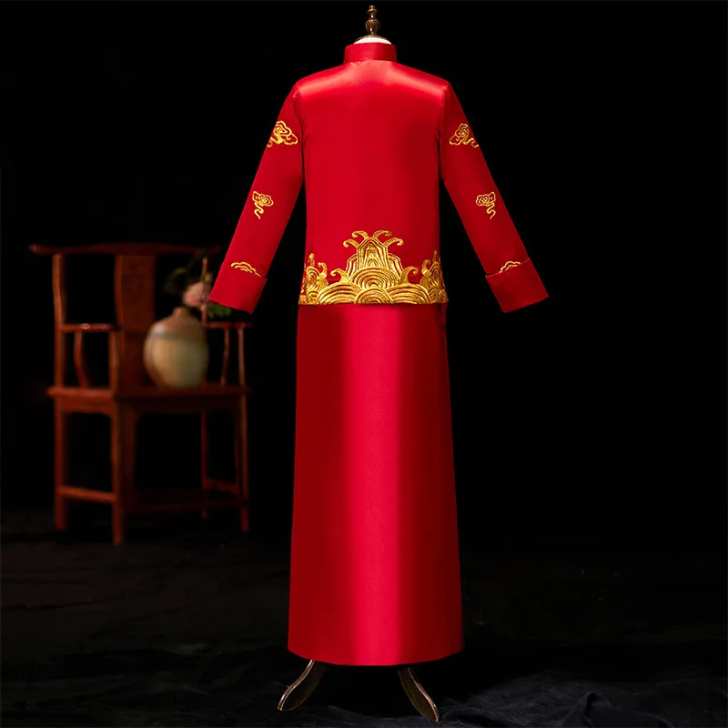 Мужской красный cheongsam тост костюмы жениха платье куртка длинное платье Традиционный китайский стиль свадебное Qipao для мужчин вышивка Тан костюм