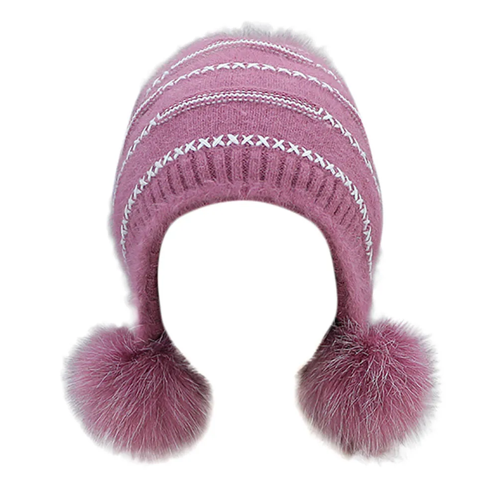 Hot Pink Женская зимняя шапка шапочка с помпоном шапка бини шапка-собачка כבstriped Striped Knit полосатая вязаная шапка пушистый кролик зимние наушники Толстая теплая шапка# E - Цвет: Hot Pink