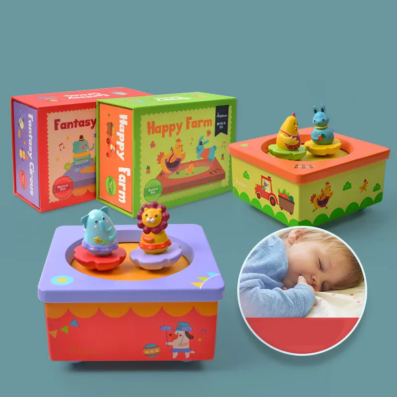 Цветная мультяшная деревянная музыкальная шкатулка с животными милые детские
