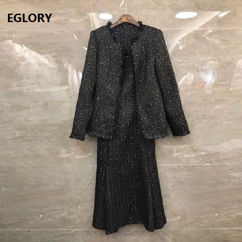 Top Quality Wool Suits Autumn Winter Dress Sets Women Sequined Wool Blend Jacket+Sleeveless Strap Dress Suit Set Female
