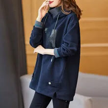 

Fashion Women Hoodie Long Sleeve Solid Letter Thicken Velvet Loose Hooded Collar Pullover Casual OL Commuter Winter Lady Tops