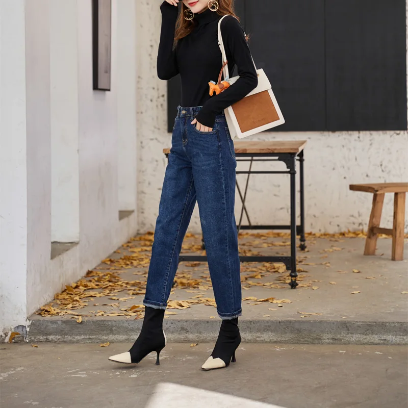 Autumn and winter women's jeans casual solid color high waist stretch loose jeans