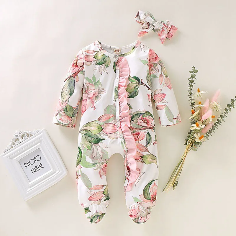 Summer Infant Girls Jumpsuit Round Collar Long Sleeve Floral Print Climb Soft Romper And Hairband Two-piece Set