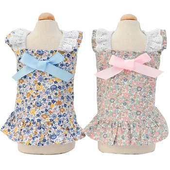 

Summer Newest Pet Skirt Fashionable Princess Style Floral Printed Pet Dress with Big Bow Decor Pink Blue Colors Dog Dresses