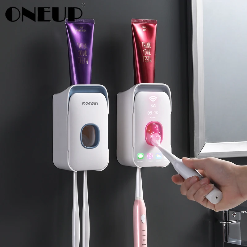 Get This ONEUP-Soporte de plástico montado en la pared para cepillo de dientes, dispensador automático de pasta dental, almacenamiento para inodoro, accesorios de baño bVnqdbb1y