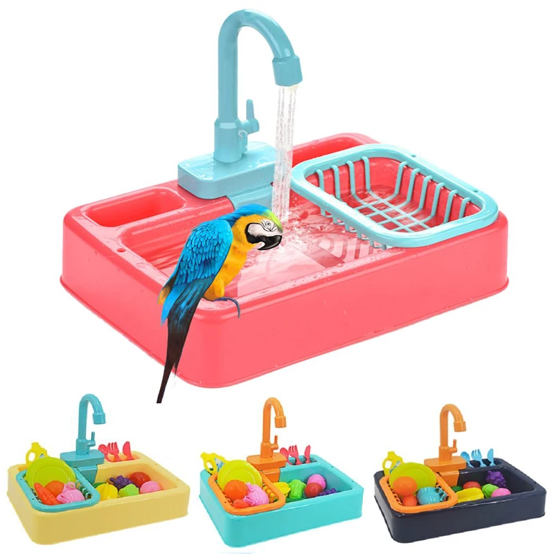 Goofy Parrot Automatic Bathtub Swimming Pool Bird Electric Faucet Cage Bathroom Toys,Bird Bath Tub with Shower Bathing Feeder Bowl 
