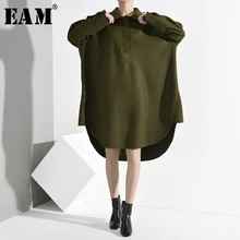 [EAM] женское зеленое ассиметричное длинное платье большого размера, новинка, с отворотом, с длинным рукавом, свободное, модное, весеннее, Осеннее, А14