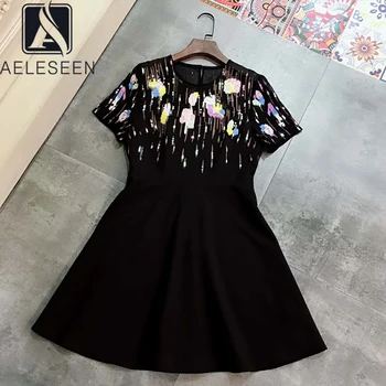 

AELESEEN Office Ladies Dress 2020 High Quality Runway Fashion Luxury Sequined Flower Embroidery Black Beige Party Holiday Dress