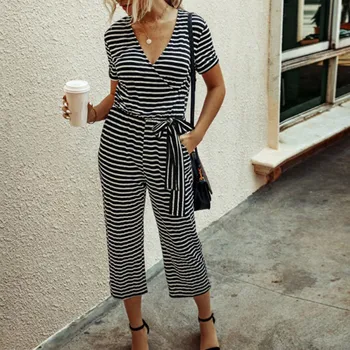 

Women Short Sleeve Stripe Long Pajamas Set One Piece Jumpsuit Loose Sleepwear Short Sleeve Wide Leg Loose Jumpsuit Ropa De Mujer