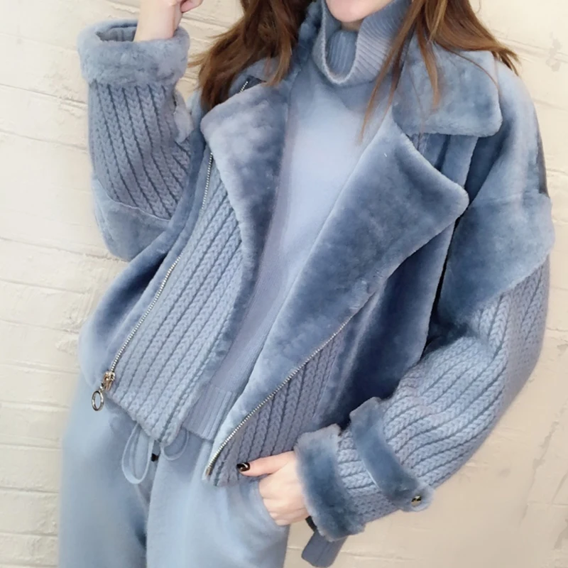 Зима Новая женская Высококачественная овчина пальто ягненка волосы мода натуральный мех синее пальто
