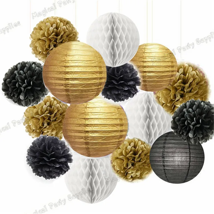 1 Набор смешанные золотые черные белые вечерние тканевые Pom Poms бумага фонарь