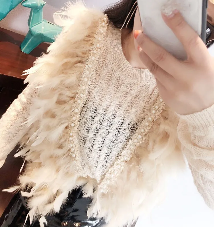 WHITNEY WANG осень мода уличная жемчуг бисер свитер с перьями женский джемпер pull femme sueter mujer invierno