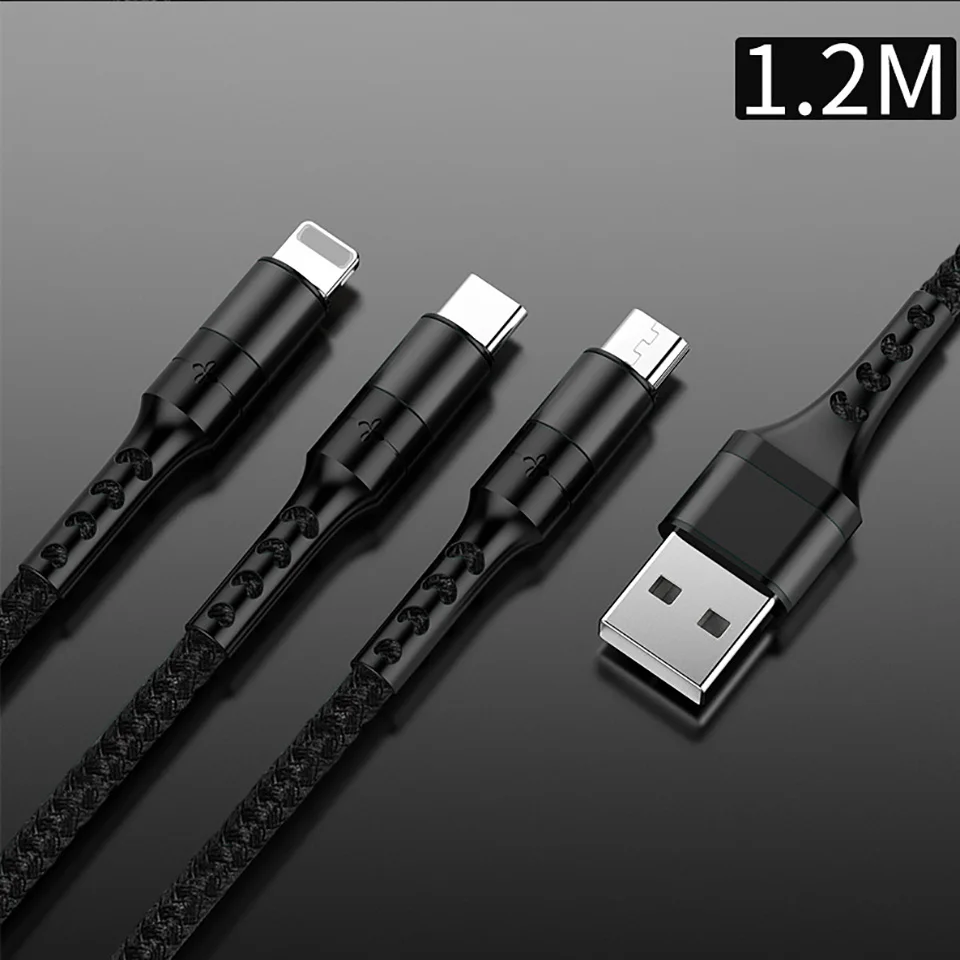 USB кабель для iPhone 11X8 7 6 3 в 1 type C/Micro USB для iPhone 3A Быстрая зарядка кабель для мобильного телефона для Android IOS - Цвет: Черный