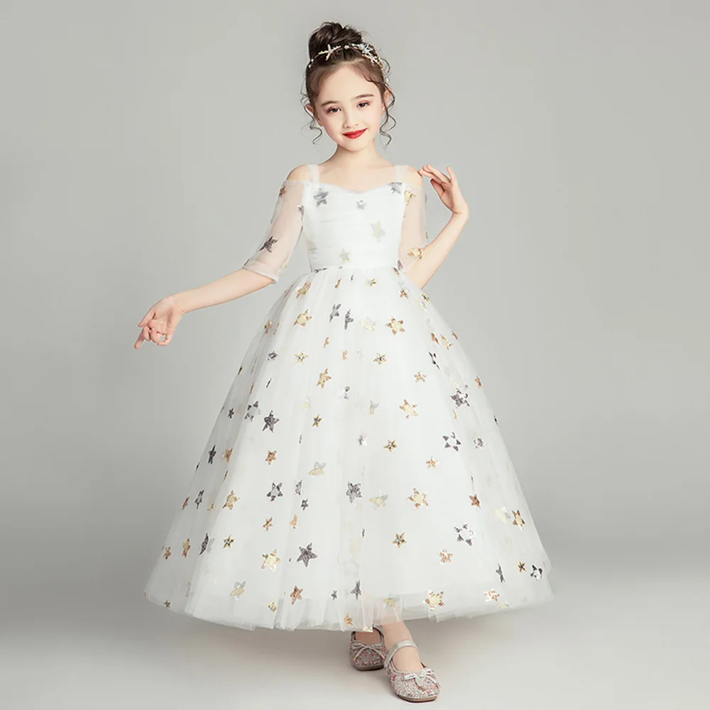 Новые кружевные платья с цветочным узором для девочек, платье для свадебной вечеринки на Рождество для маленьких девочек - Цвет: off white aline