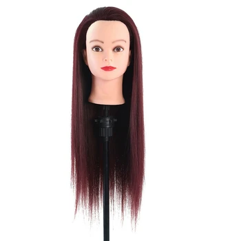 

60cm Wine Red Long Straight Hair Hairdressing Practicing Manikin Head Hair Styling Training Model Mannequin Dummy Head + Clamp