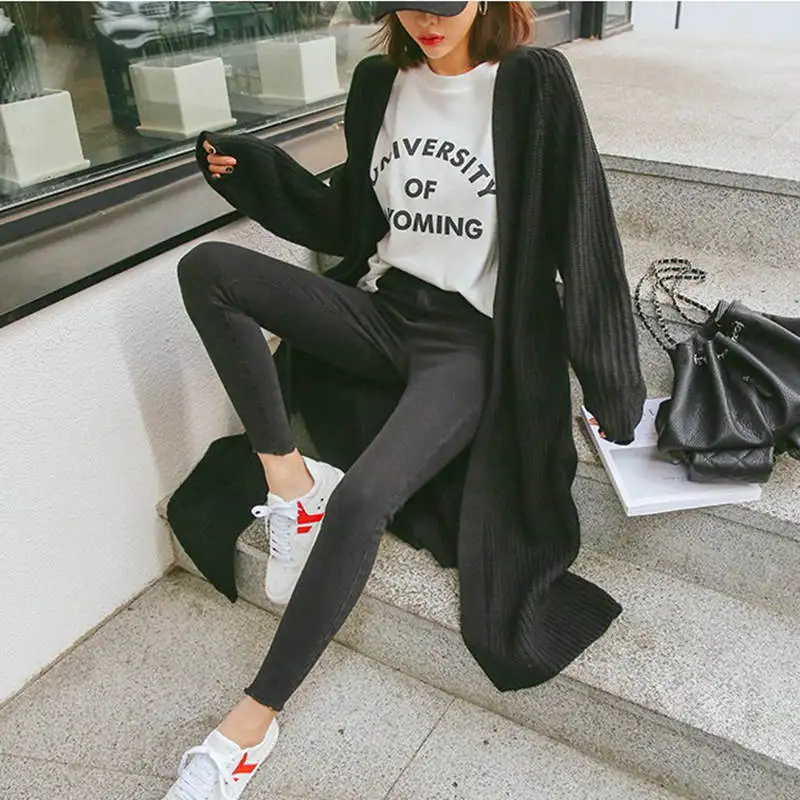 black sweaters Осенне-зимний длинный кардиган, свитер, куртка для женщин с карманом, черный, розовый, Свободный вязаный кардиган, утолщенный теплый кардиган, пальто C5998 - Цвет: black sweaters